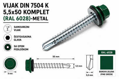 VIJAK DIN 7504 K 5,5x50 KOMPLET (RAL 6028)-METAL